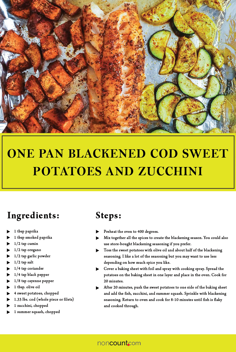 One Pan Blackened Cod, Sweet Potatoes, and Zucchini Seafood Recipe Image
