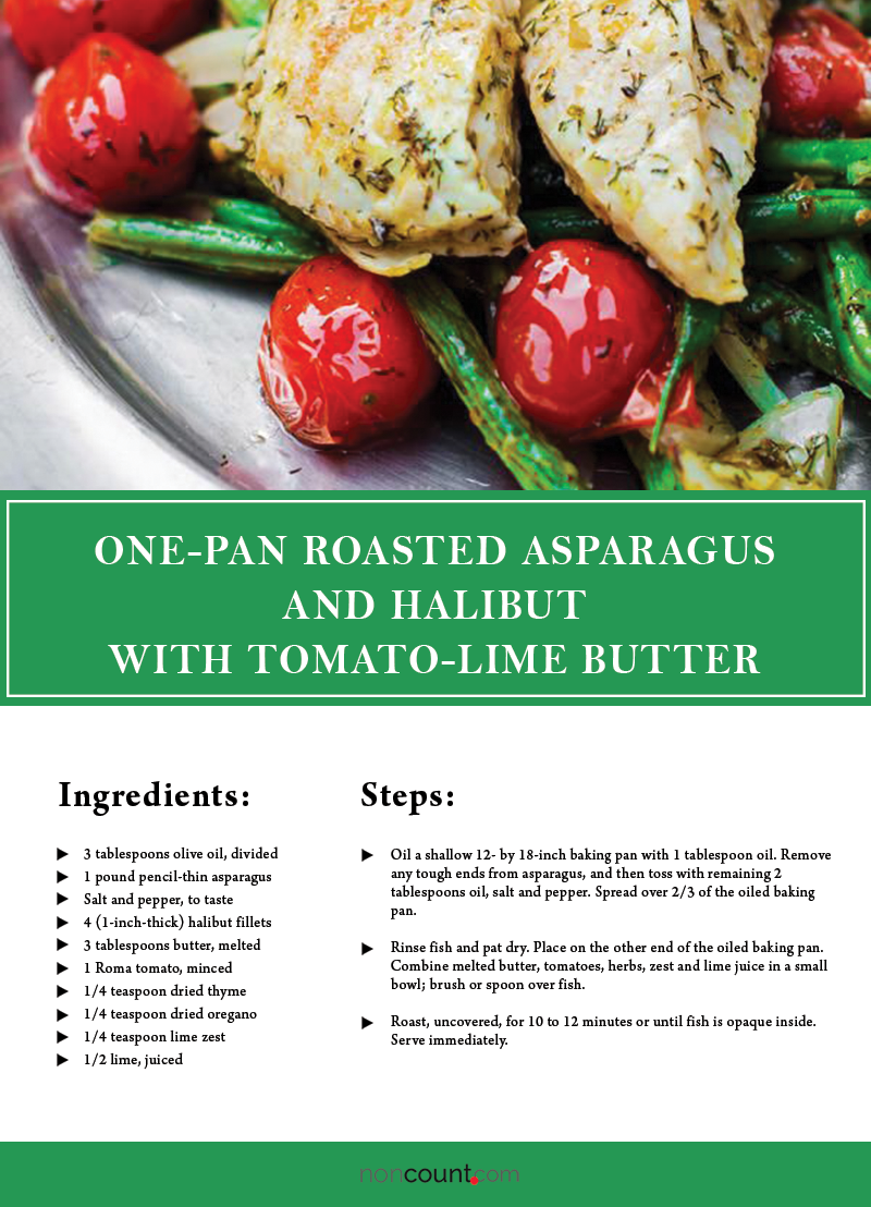 One-pan Roasted Asparagus and Halibut with Tomato-Lime Butter Seafood Recipes Image