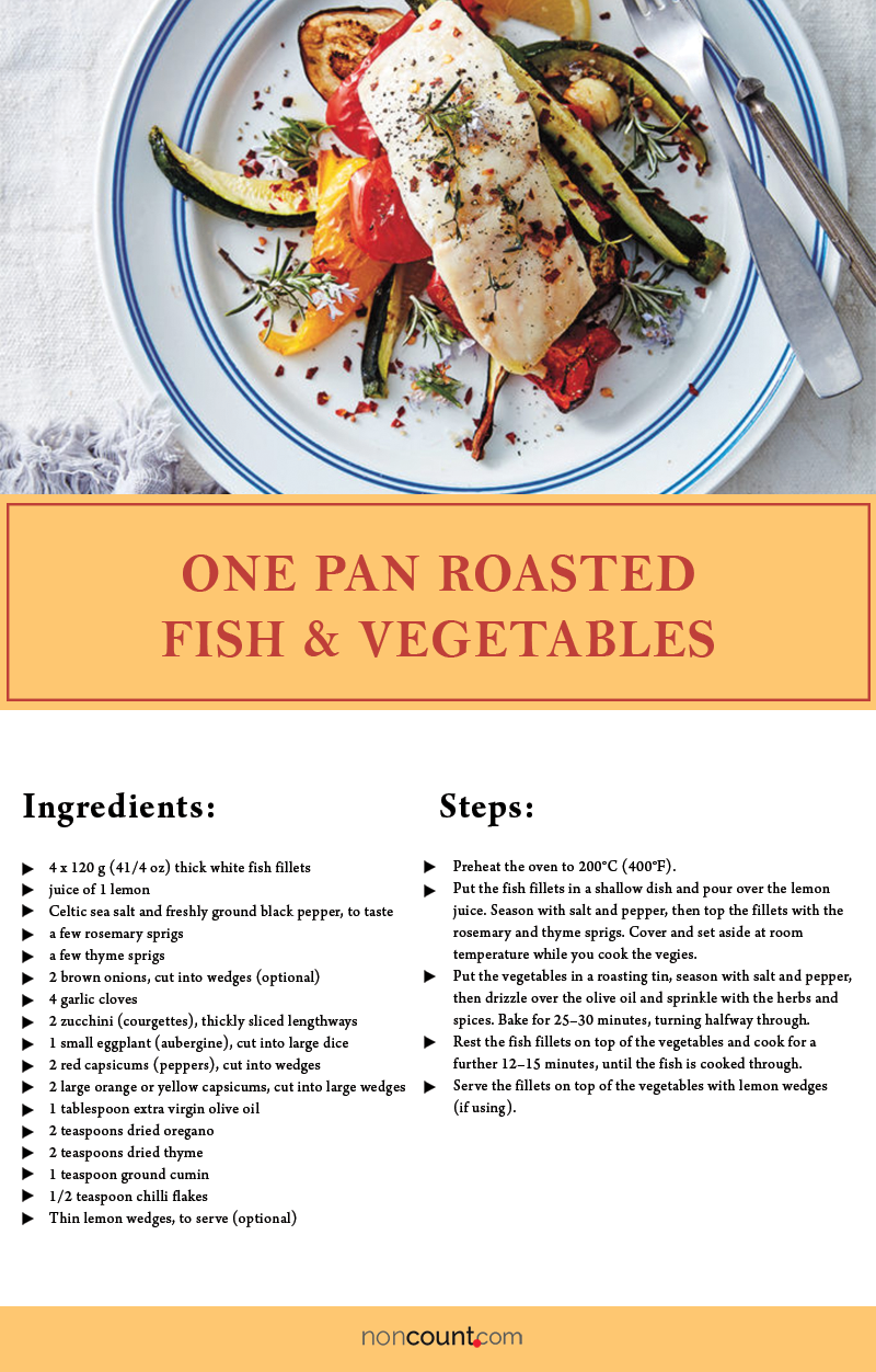One Pan Roasted Fish & Vegetables Seafood Recipe Image