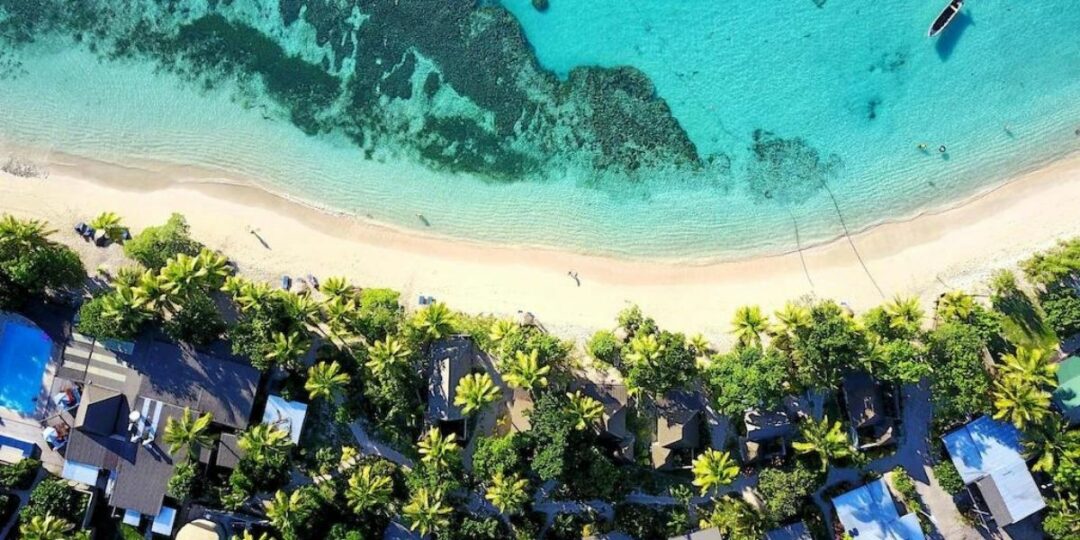 Yasawa Islands from a drone showing the reef at Blue Lagoon Resort